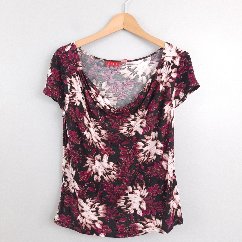 Elle Black & Magenta Floral Drape Front Tee